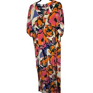 Bel Kazan Allegra Caftan Zinnia Floral Maxi Dress Kaftan Pockets M/L Multi Color